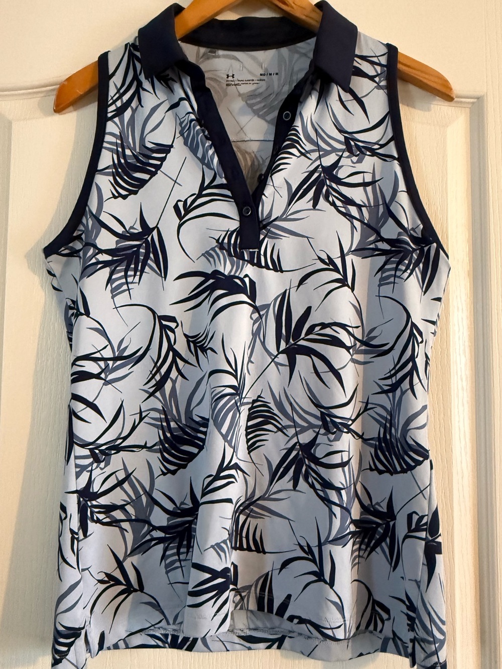 Under Armour Navy and Periwinkle Leaf-Print Sleeveless Collared Polo